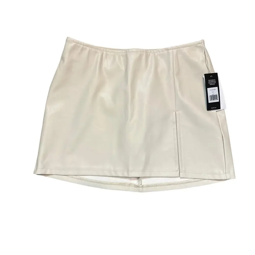 AFRM White Faux Leather Mini Skirt XS Ivory Pencil Soft Slit Work Micro $68 NEW - Picture 6 of 9
